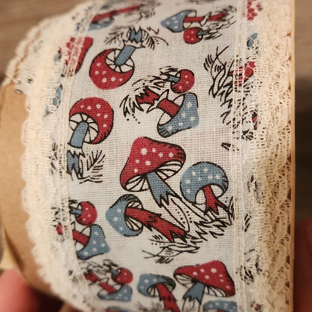 Vintage retro sewing notions lace ribbon mushrooms hippie 1960s craft supplies